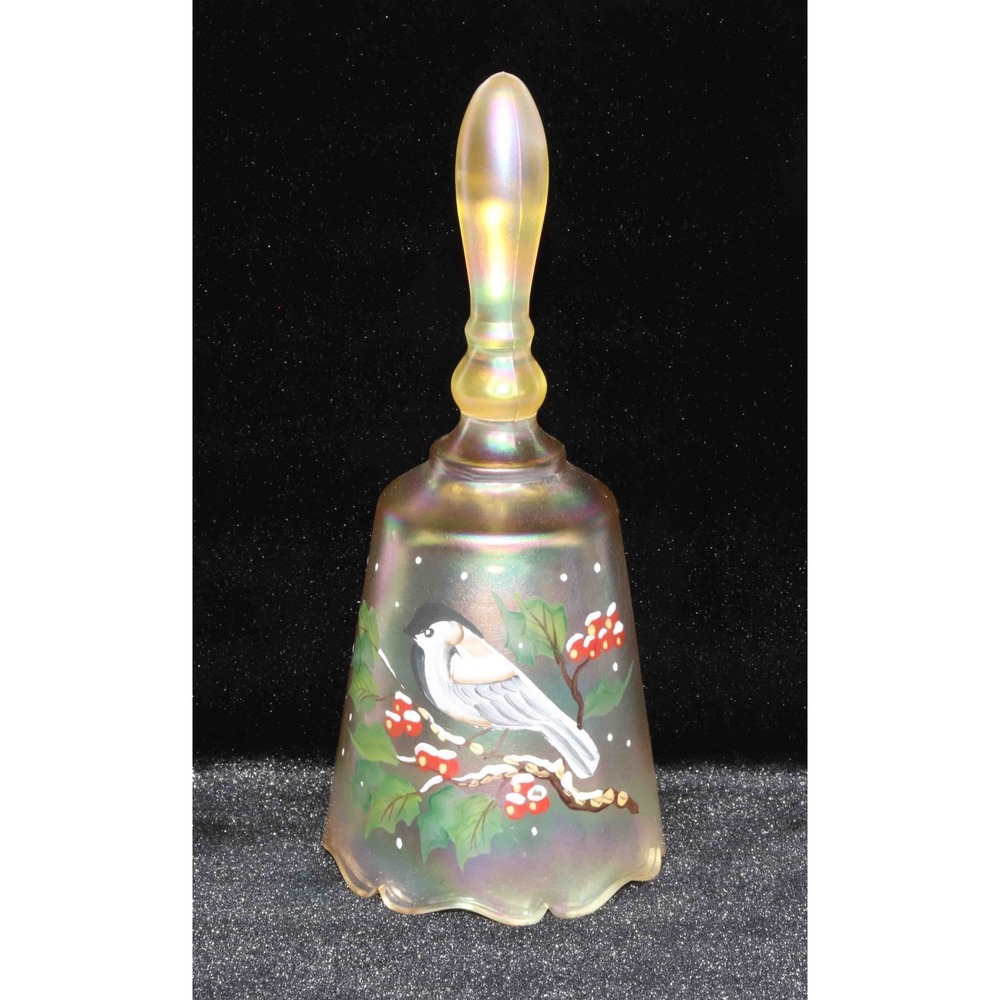 Fenton Gold Chickadee Bird‎ Floral Hand Painted By D Frederick 6 3/4" Bell #546